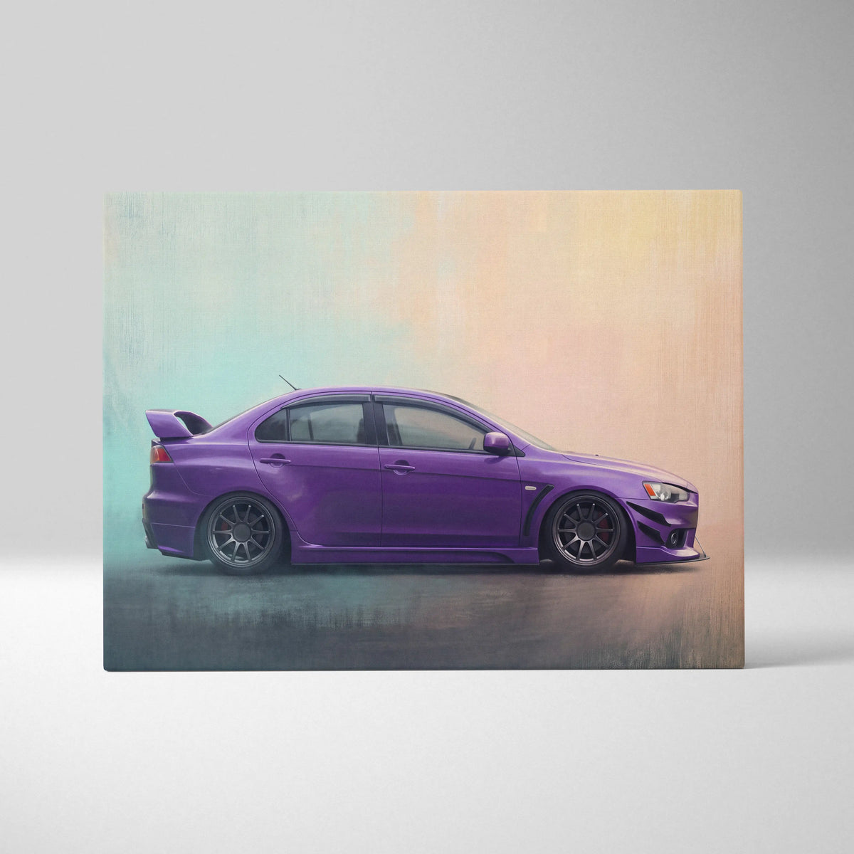 Purple matte finish mitsubishi lancer evolution sedan canvas print with black wheels and rear spoiler for living room decor