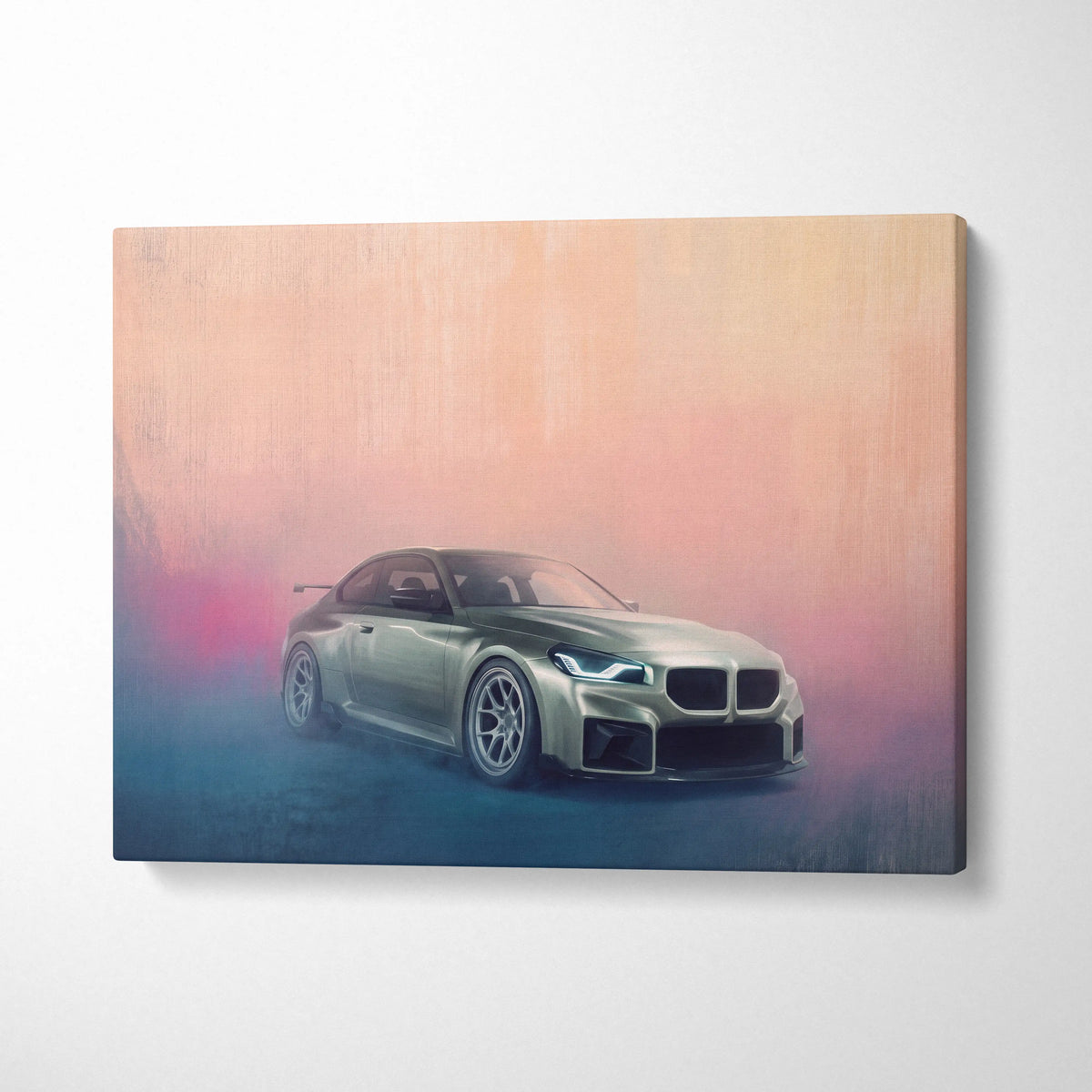 A sleek metallic green bmw m2 sports car on a high performance german coupe canvas wall art print
