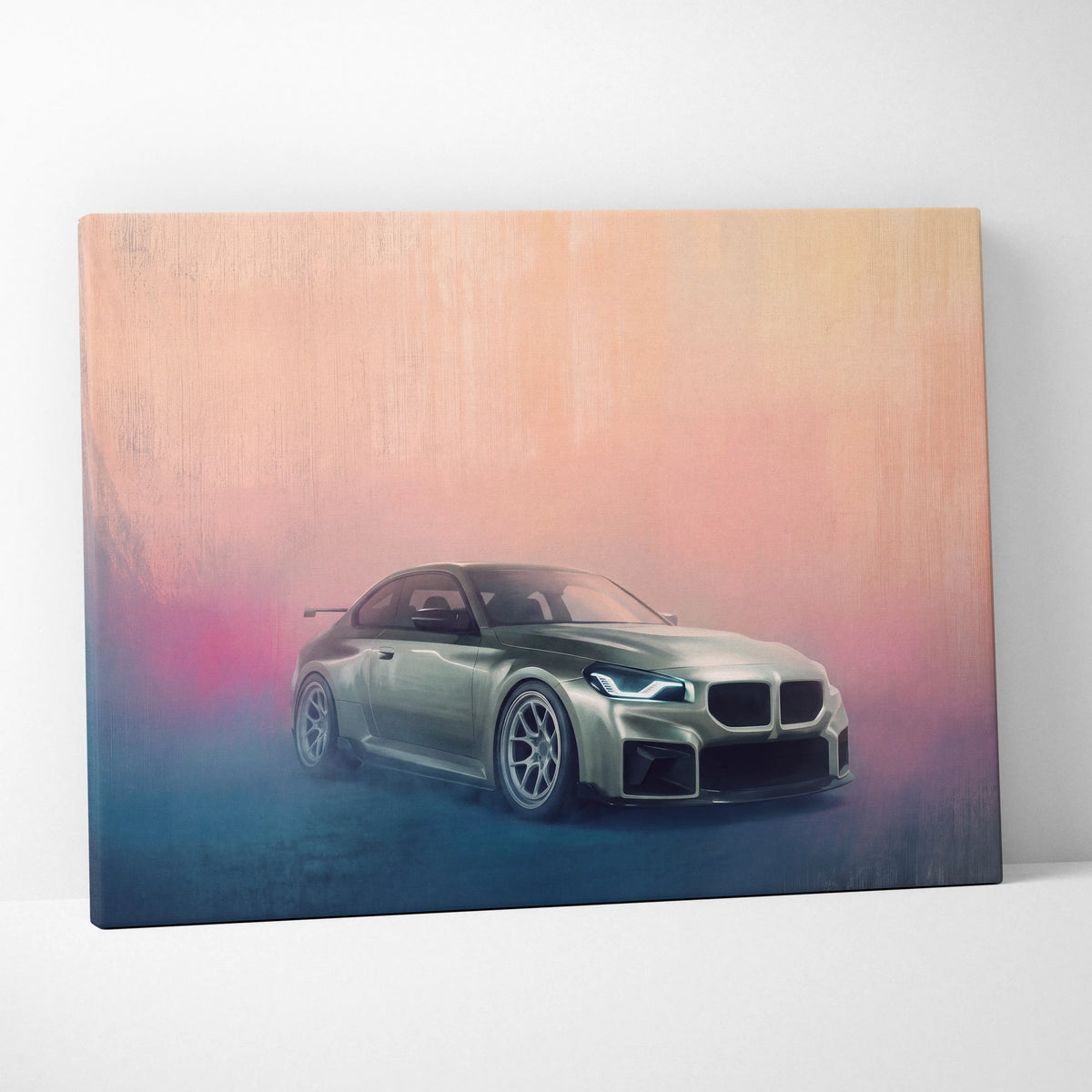A sleek olive green bmw m2 sports car canvas print with glowing headlights and custom wheels on a pink and blue background