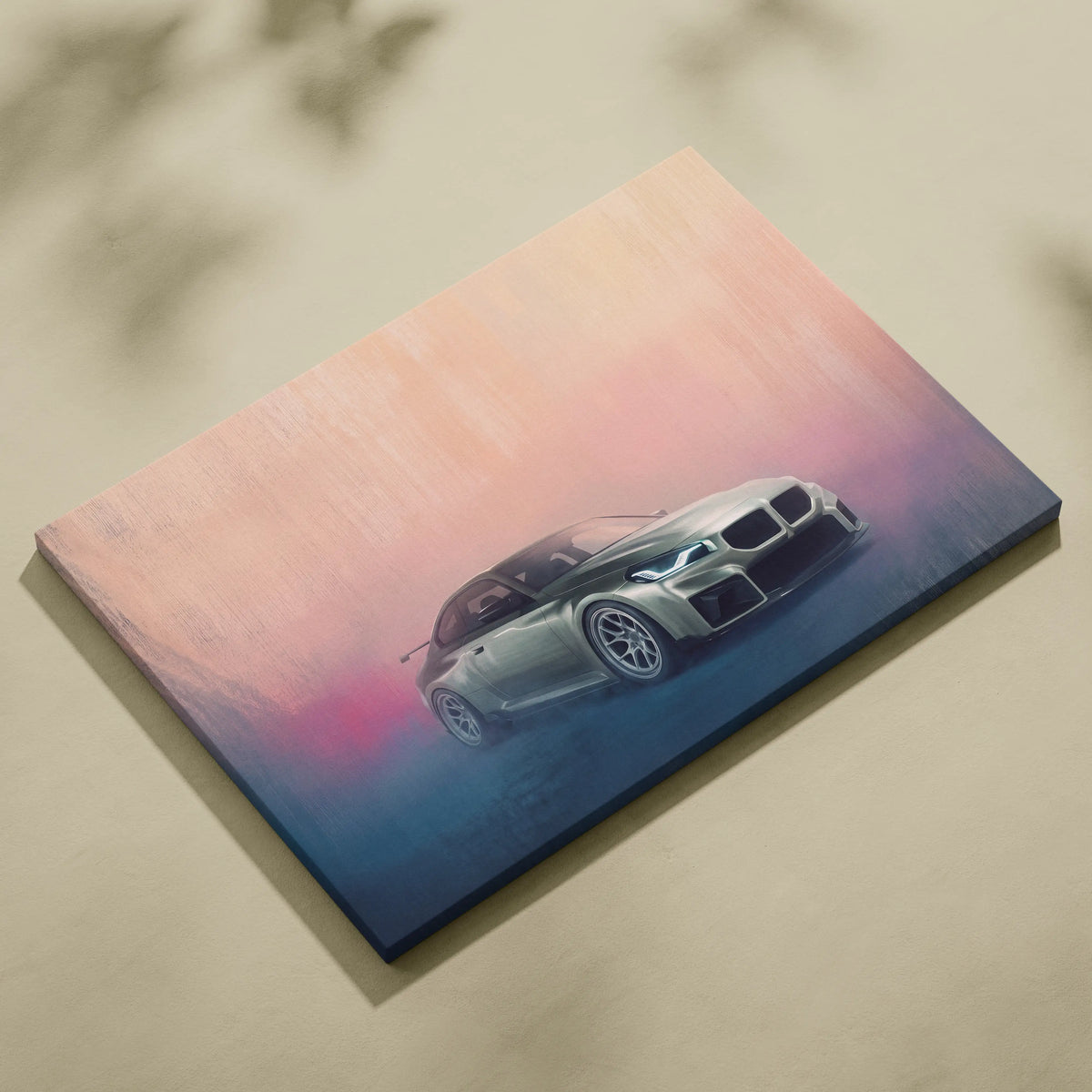 Silver BMW M2 sports car painted on canvas with pink and blue gradient background high performance coupe wall art