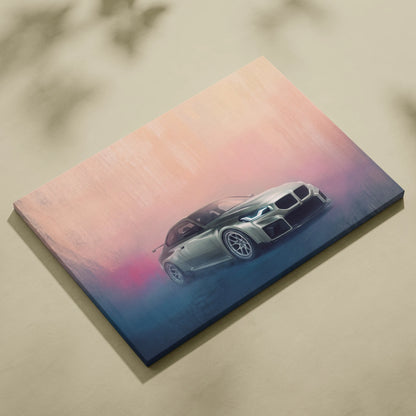 Silver BMW M2 sports car painted on canvas with pink and blue gradient background high performance coupe wall art