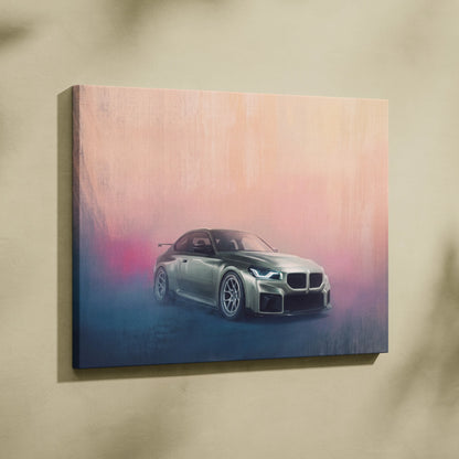 A sleek metallic green BMW M2 sports car on a vibrant gradient canvas print for automotive wall art