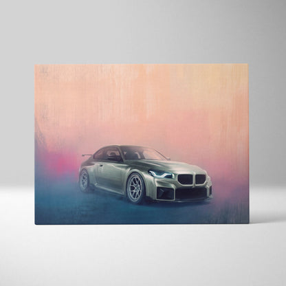 A sleek metallic sage green bmw m5 coupe with glowing headlights and vibrant pink and blue smoke on canvas print