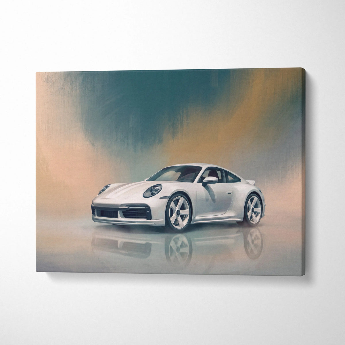 White porsche 911 canvas print with sleek reflective surface and soft gradient background for automotive wall art