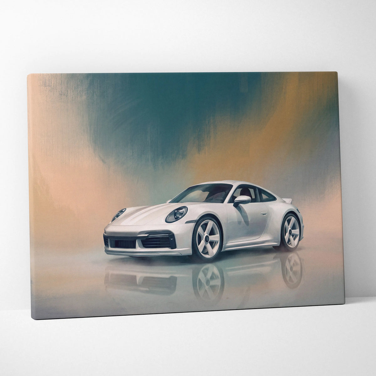 White porsche 911 inspired automotive wall art canvas print with sleek reflective surface and soft gradient background