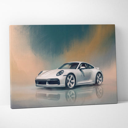 White porsche 911 inspired automotive wall art canvas print with sleek reflective surface and soft gradient background