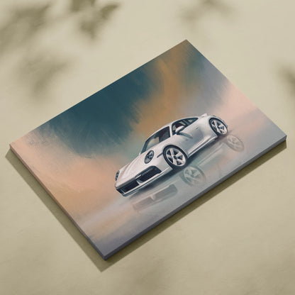 A sleek white porsche 911 sports car dynamic stylized painting on stretched canvas automotive wall art print