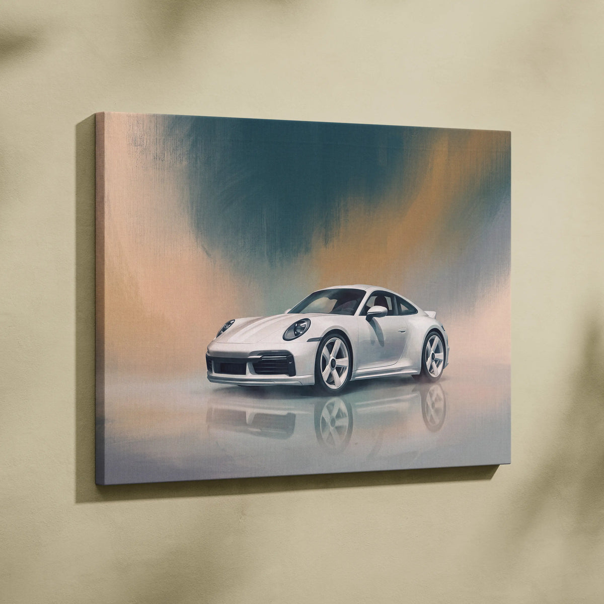 White porsche 911 sports car canvas print with glossy finish and dynamic gradient background for automotive wall art
