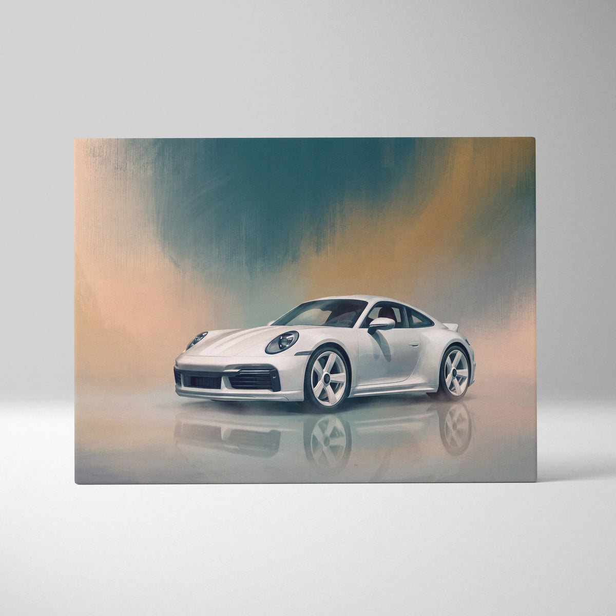 White porsche 911 sports car canvas print with sleek design and reflective surface for automotive wall art