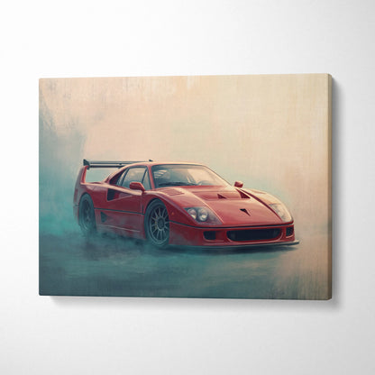 Red ferrari f40 sports car canvas print featuring retro supercar wall art decor for garage display