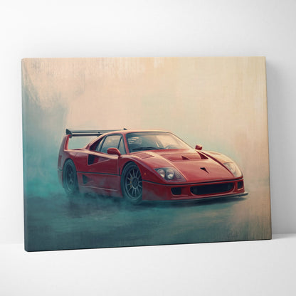 Vibrant red Ferrari F40 racing car on a dynamic smoky canvas art print for retro garage wall decor