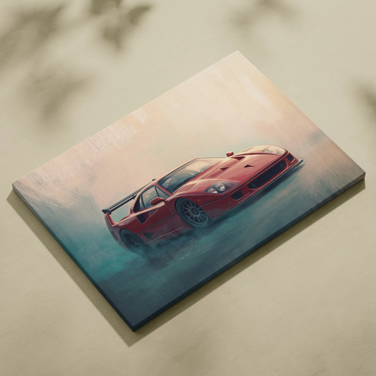 Ferrari f40 inspired canvas art featuring a red sports car in motion on a misty backdrop perfect for garage decor