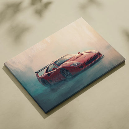 Ferrari f40 inspired canvas art featuring a red sports car in motion on a misty backdrop perfect for garage decor