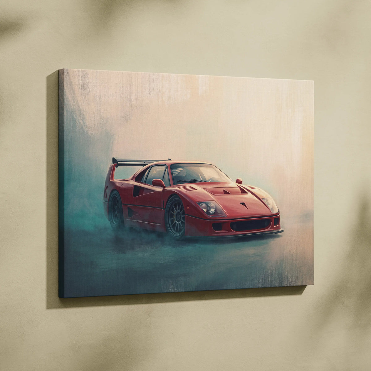 Vibrant red ferrari f40 inspired canvas art with sleek aerodynamic design and dramatic smoke effect for garage decor