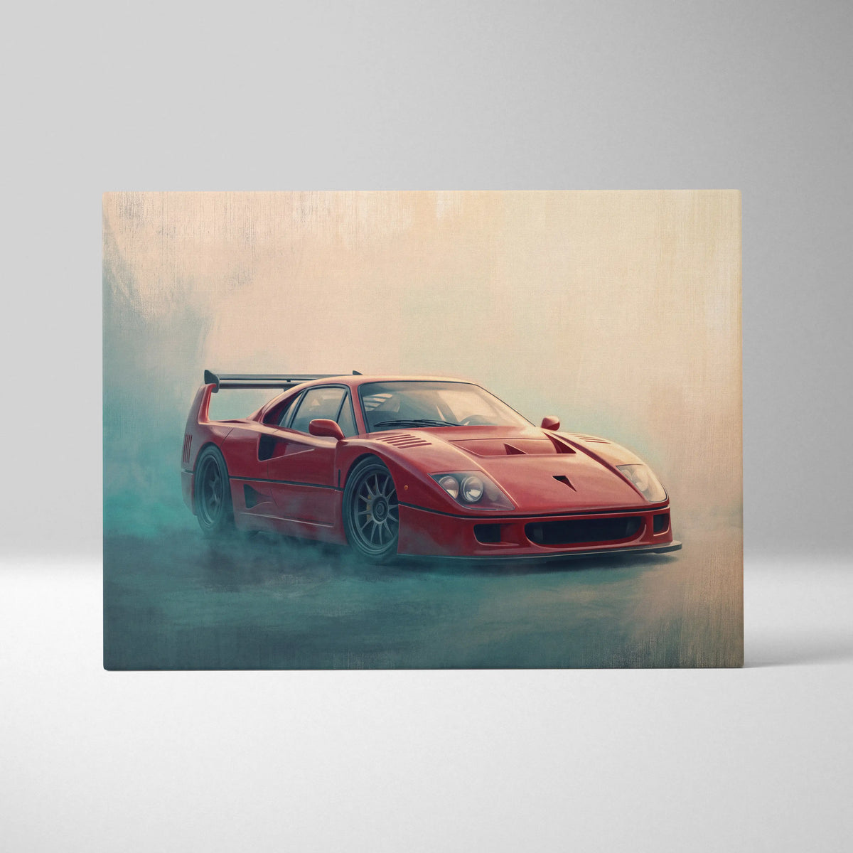 Red Ferrari F40 inspired canvas art featuring a dynamic smoky rendering for retro garage wall decor