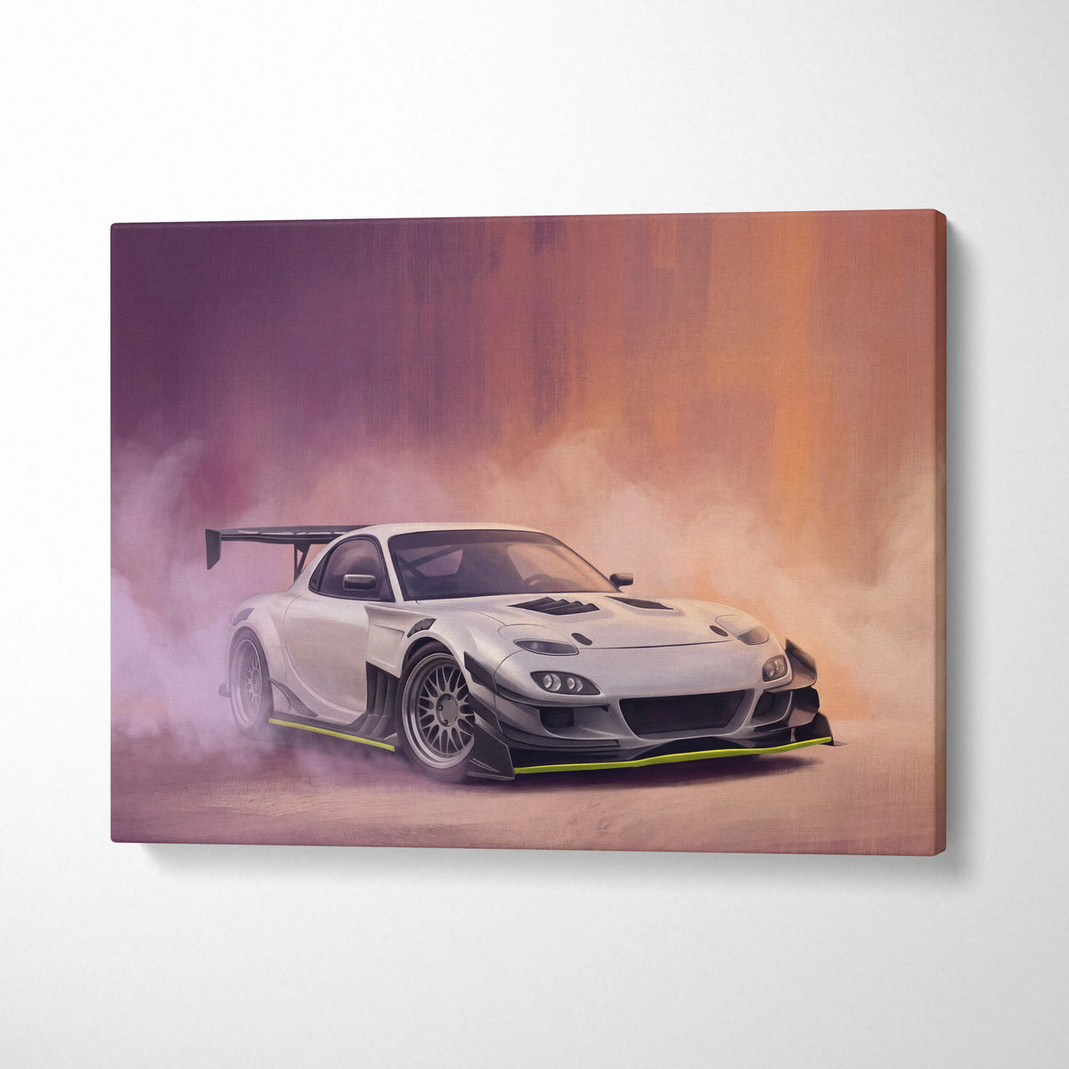 White mazda rx-7 sports car canvas art with black and neon green racing decals for jdm tuner garage decor