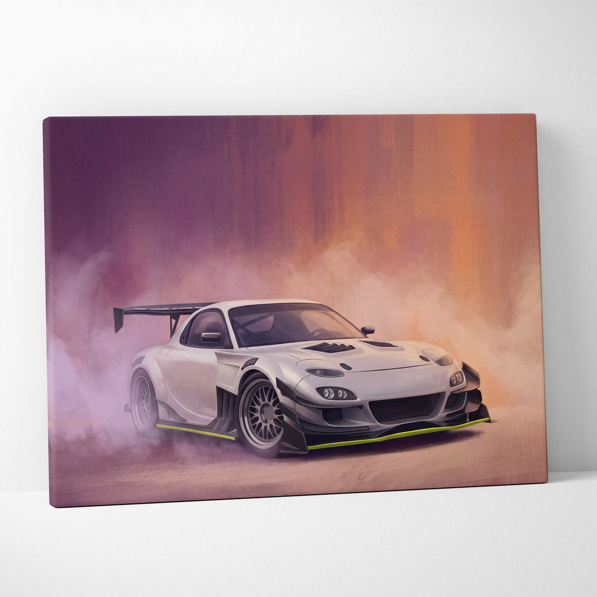 White mazda rx-7 drift racing car canvas art with neon green accents and smoke effect for garage wall decor