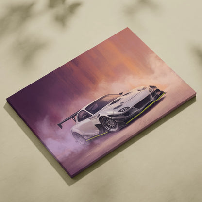 White sports car canvas print with neon green accents featuring a dynamic drift scene for garage decor