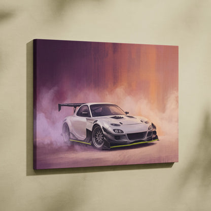 White Mazda RX-7 inspired drift car canvas print with neon green accents and dynamic smoke background for garage decor