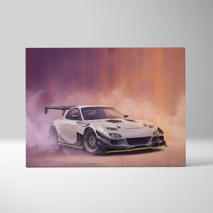 Mazda rx-7 inspired canvas art featuring a white sports car with black and neon green racing details in a drift pose
