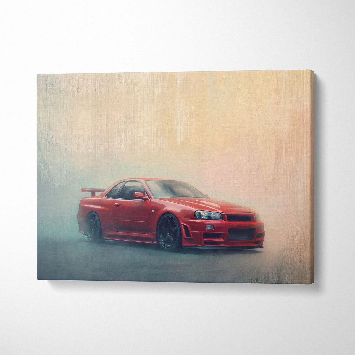 Red nissan skyline gt-r r34 canvas print featuring a misty japanese supercar for office wall art decor