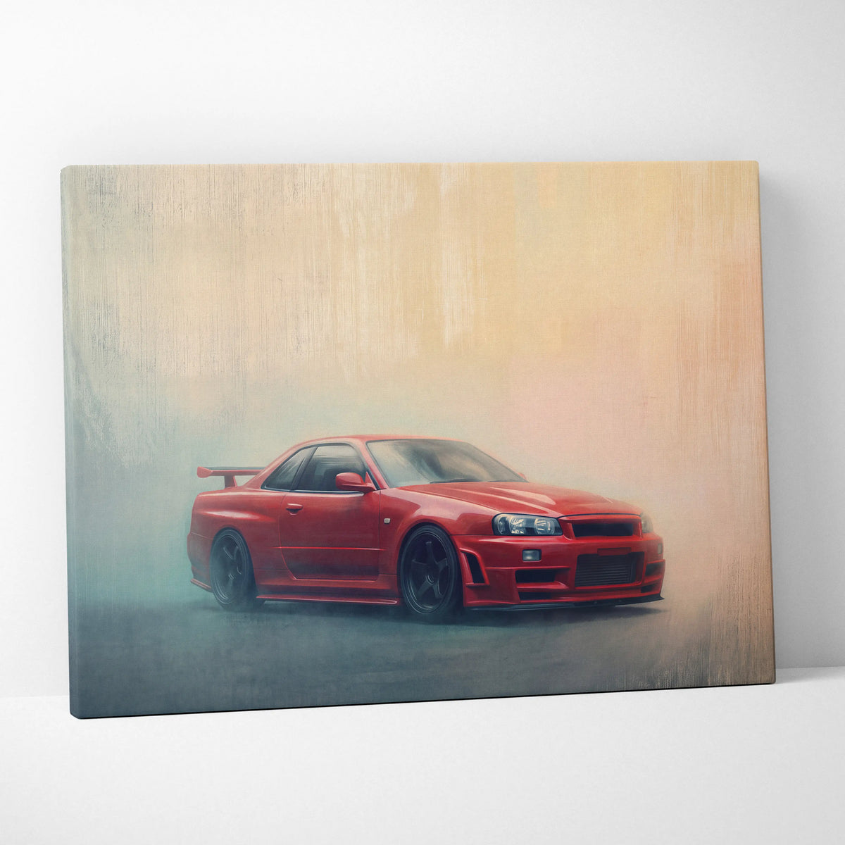 Red nissan skyline gt-r r34 canvas print featuring sporty design with black rims and rear spoiler for office decor