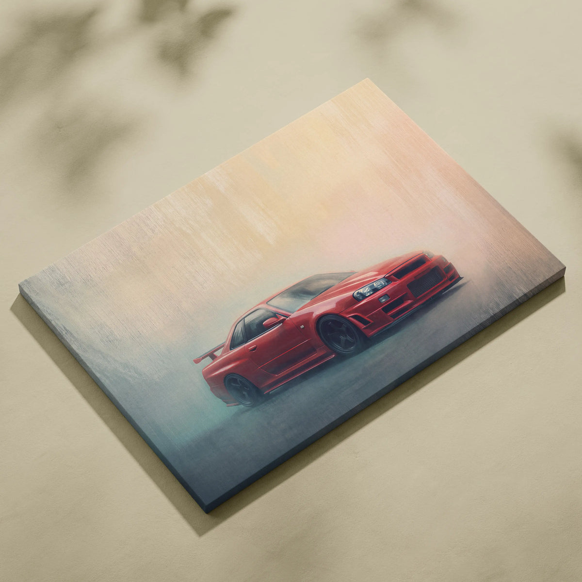Red nissan skyline gt-r r34 canvas print featuring a dynamic misty racing scene for automotive office decor
