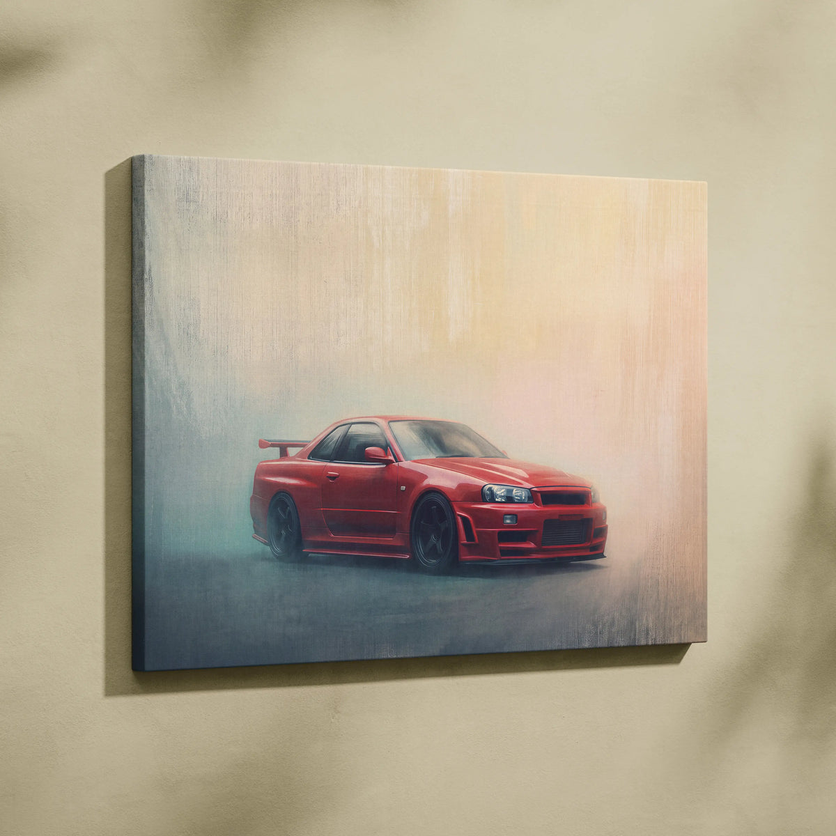 Red nissan gt-r canvas print with sleek sporty design black rims and subtle fog effects for automotive wall art