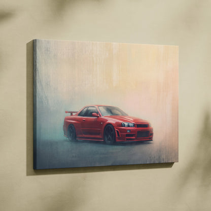 Red nissan gt-r canvas print with sleek sporty design black rims and subtle fog effects for automotive wall art