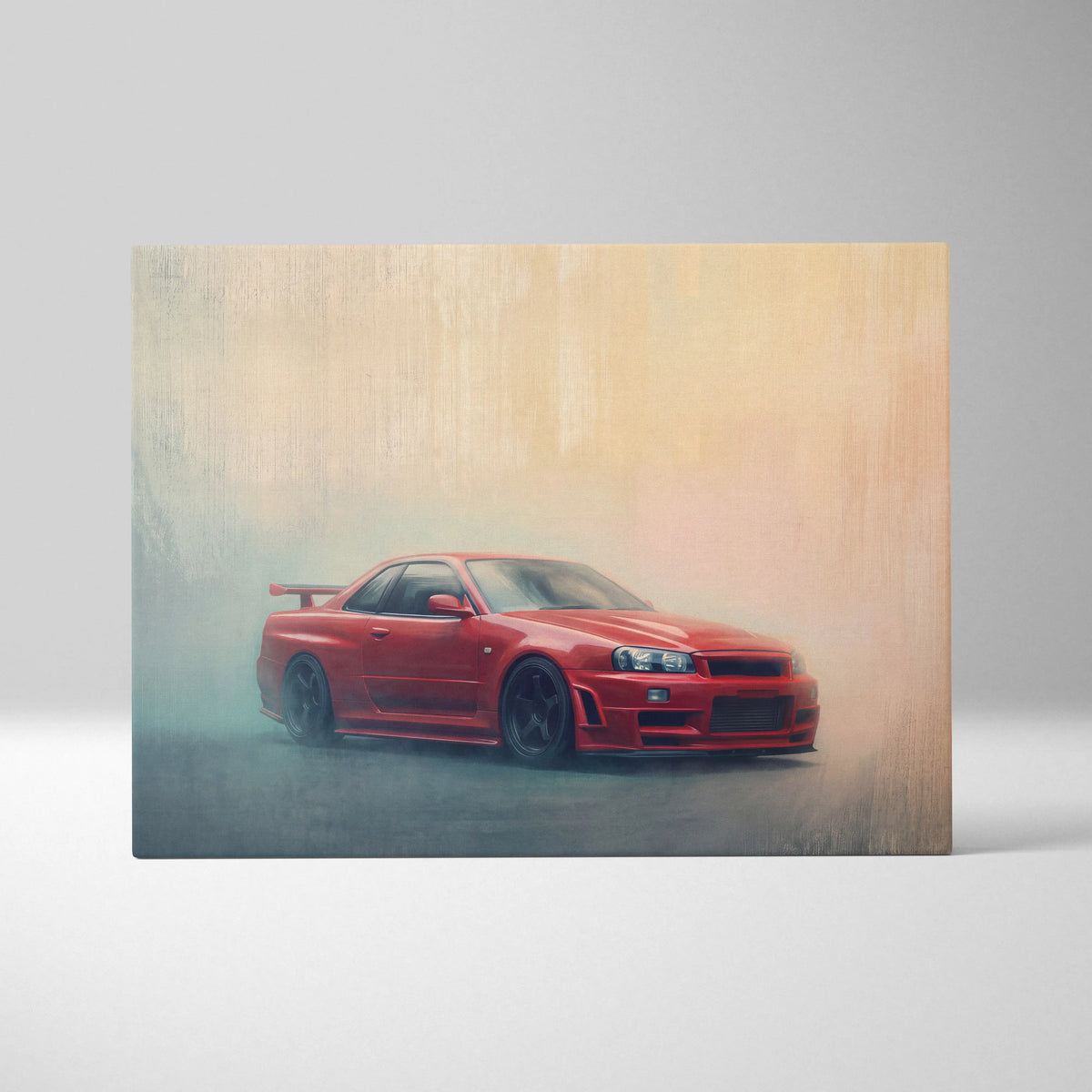 Red nissan skyline r34 gt-r drifting in misty conditions automotive canvas print for office decor wall art