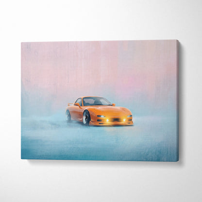 Orange Mazda RX-7 drift canvas print automotive wall art perfect for living room JDM sports car décor