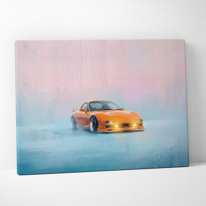 Vibrant orange mazda rx-7 inspired jdm sports car canvas print featuring dynamic drift pose for living room wall art