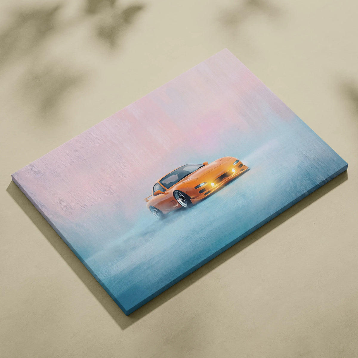 Orange sports car canvas print featuring a drifting Mazda RX-7 against a gradient sky for living room wall art
