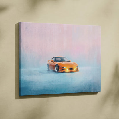 Orange Mazda RX-7 drift canvas print featuring JDM sports car artwork for living room wall decoration