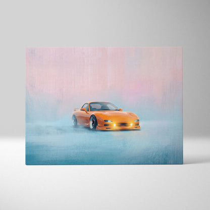 Vibrant orange Mazda RX-7 drifting with blue and pink hues stylized canvas print for living room wall art