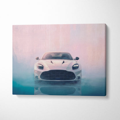 White aston martin vantage inspired sports car canvas print with sleek design on soft pastel gradient background