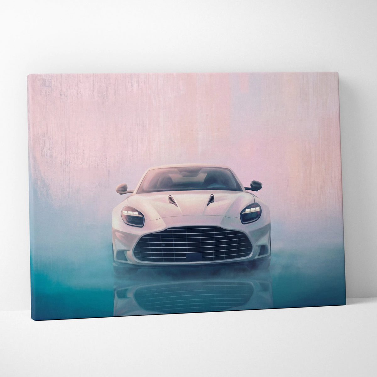 Aston martin vantage inspired car wall art featuring a sleek white sports car on pink and blue gradient canvas