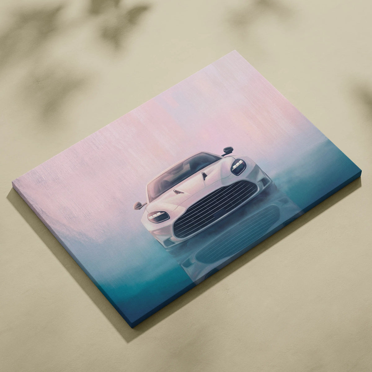 A white aston martin vantage inspired modern british sports car wall art painted on a rectangular canvas