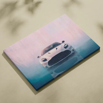 A white aston martin vantage inspired modern british sports car wall art painted on a rectangular canvas