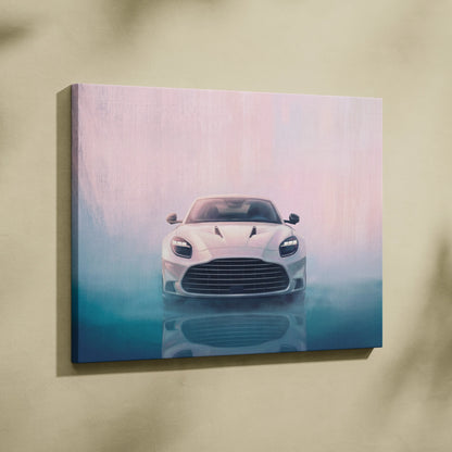 A white Aston Martin V12 Vanquish front-facing canvas print for modern British sports car wall art