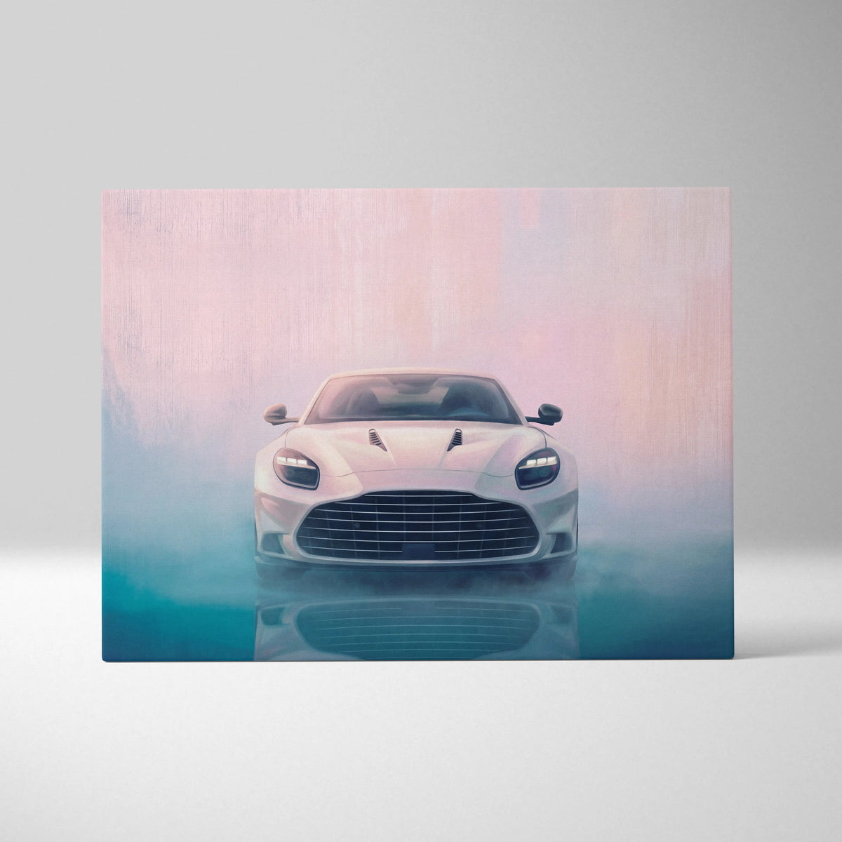 Aston Martin vantage inspired wall art featuring a sleek white aston martin dbs supercar in misty pink and blue gradients