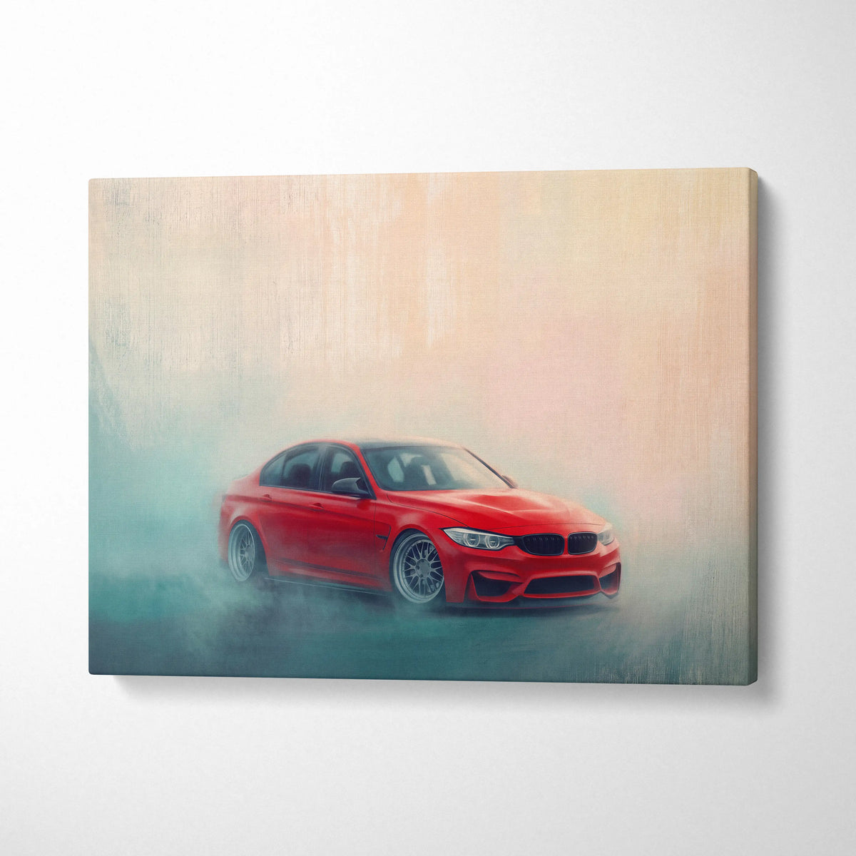 Red bmw m3 sedan canvas print with dynamic smoky background luxury sports car wall decor print