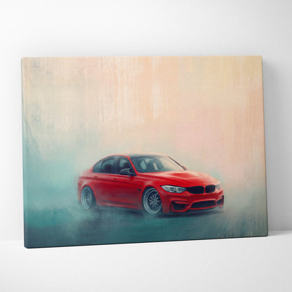 Vibrant red bmw m3 sedan in a dynamic misty scene on a stretched canvas luxury sports car wall decor print