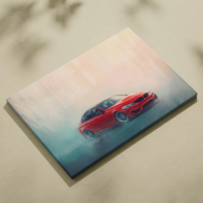 Red BMW M3 canvas print featuring a dynamic drift scene with misty background luxury sports car wall decor