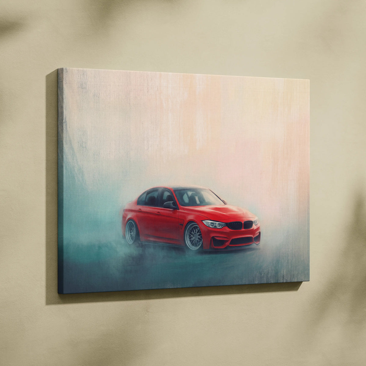 Red bmw m3 sedan on a misty dynamic scene printed on stretched canvas bmw m3 inspired luxury sports car wall decor