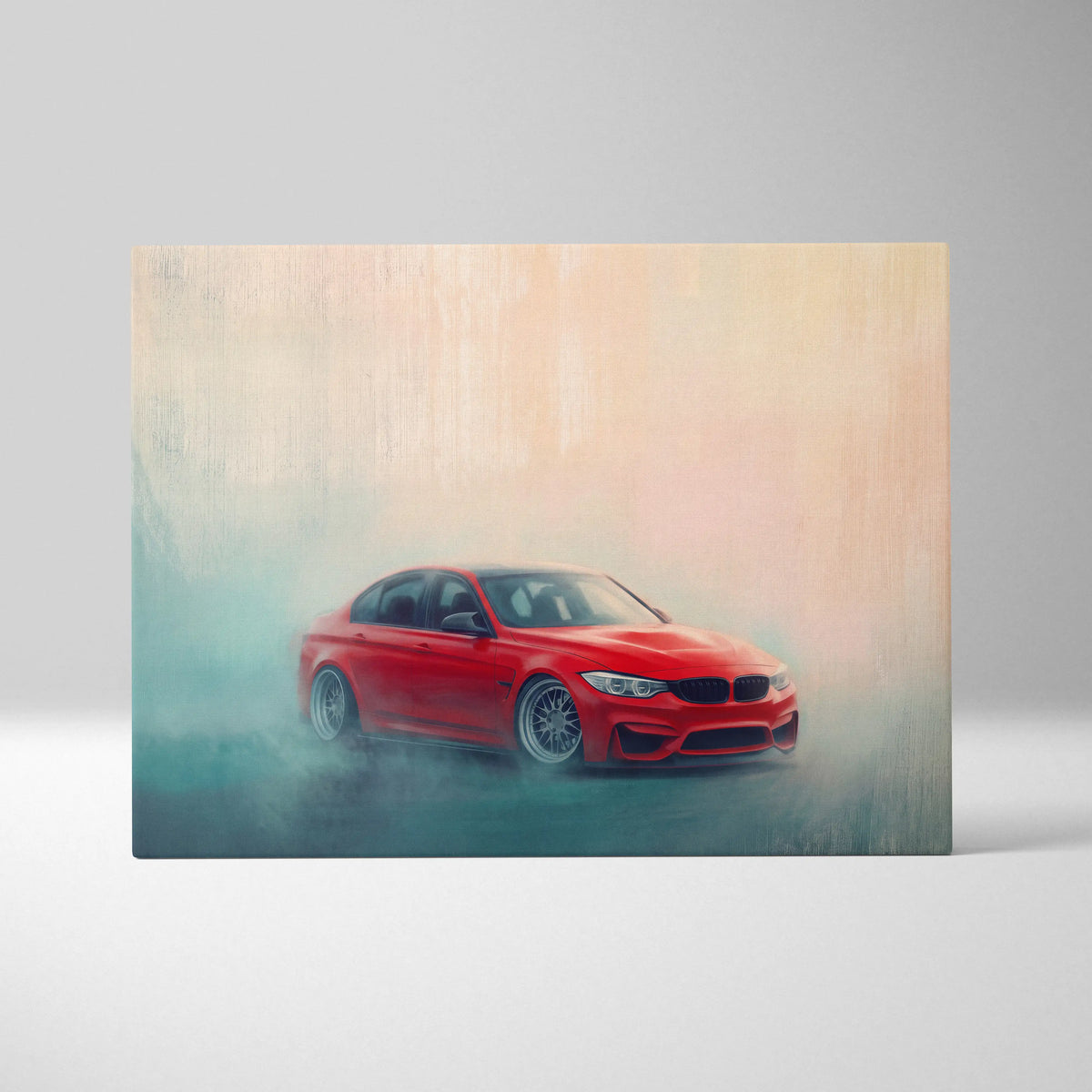 Red bmw m3 sedan in stylized misty artwork on canvas art luxury sports car wall decor print