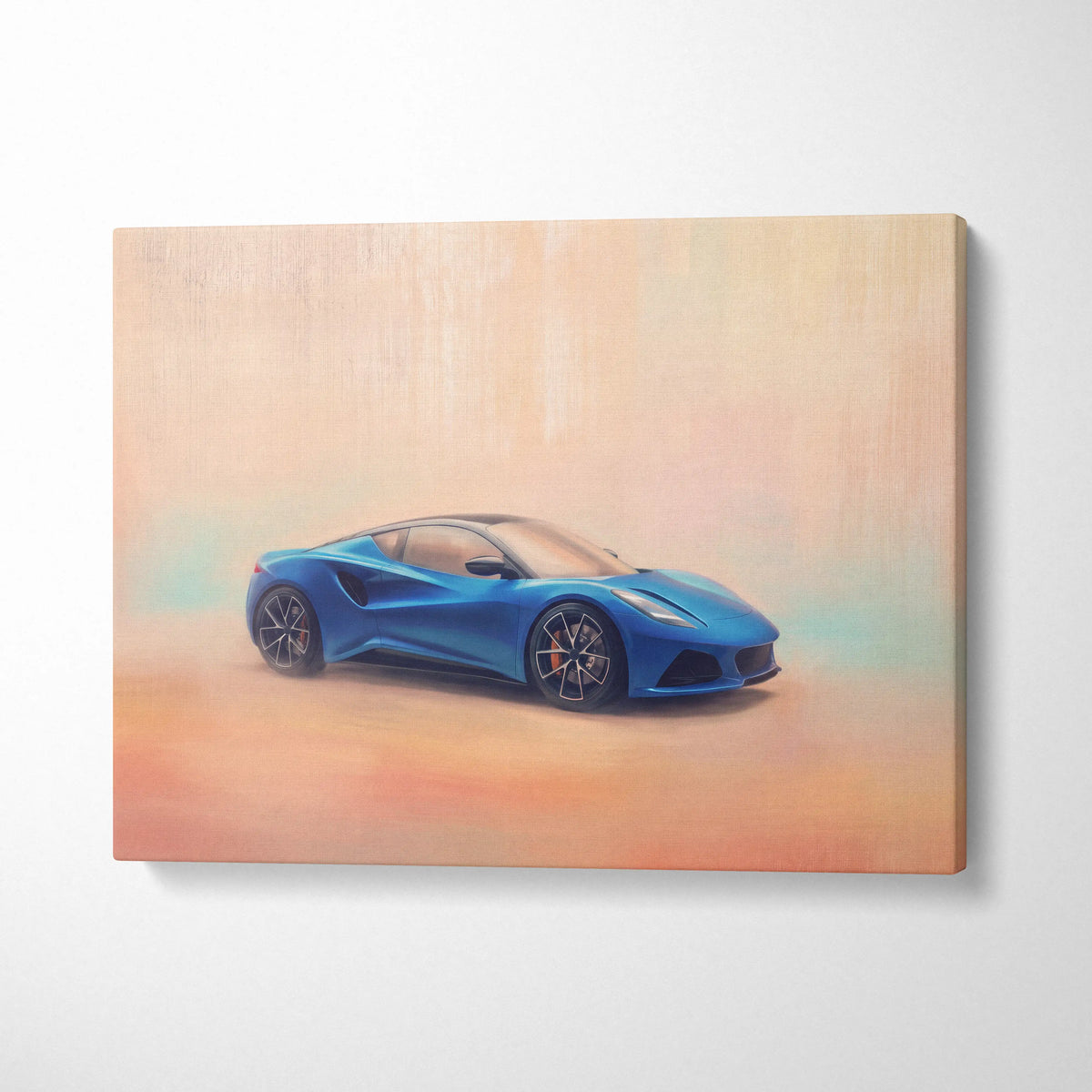 Vibrant blue lotus emira inspired sports car painted on canvas modern british sports car wall decor print