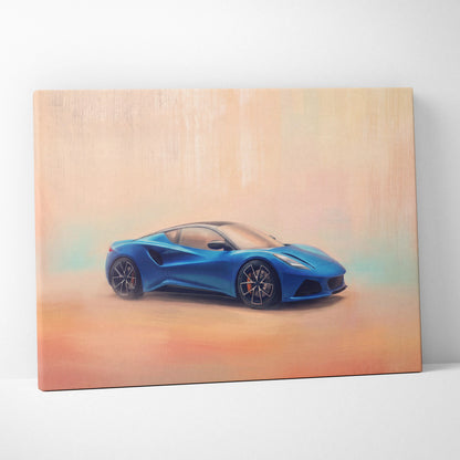 Vibrant blue lotus emira inspired canvas art showing a dynamic side profile of a modern british sports car