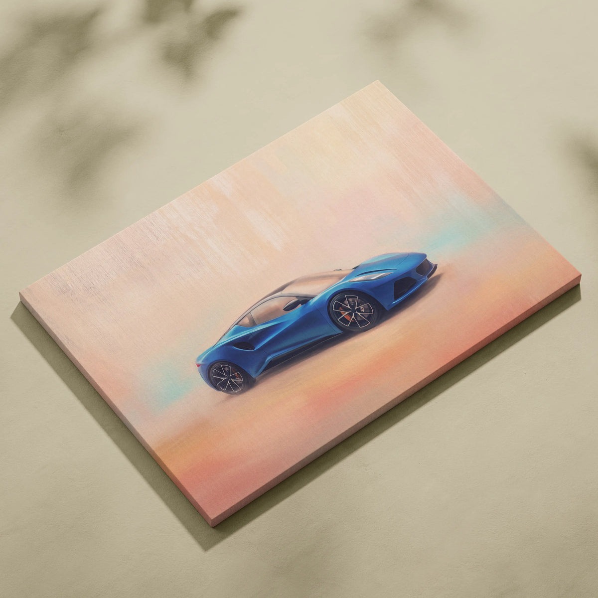 Vibrant blue sports car illustration on rectangular canvas lotus emira inspired modern british sports car wall decor print