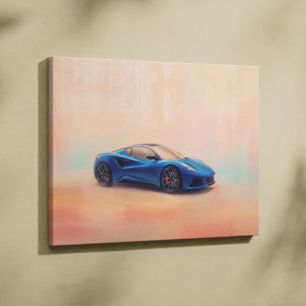 Blue sports car painting on canvas lotus emira inspired modern british sports car wall decor print